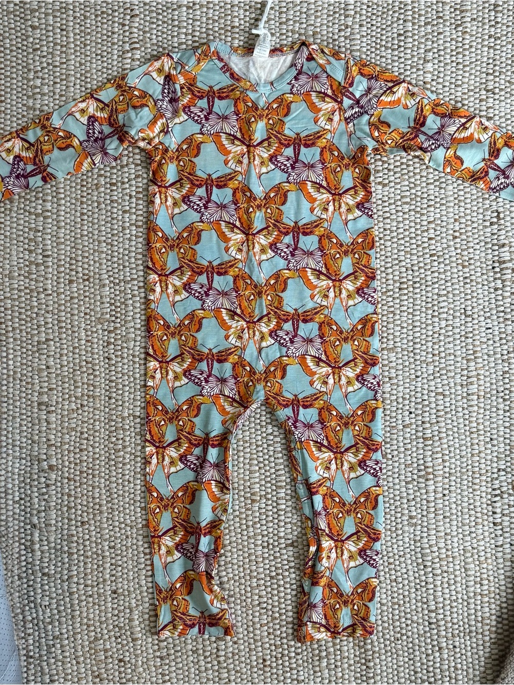 kate quinn Light Blue One-Piece Romper with Orange and Purple Butterfly Print